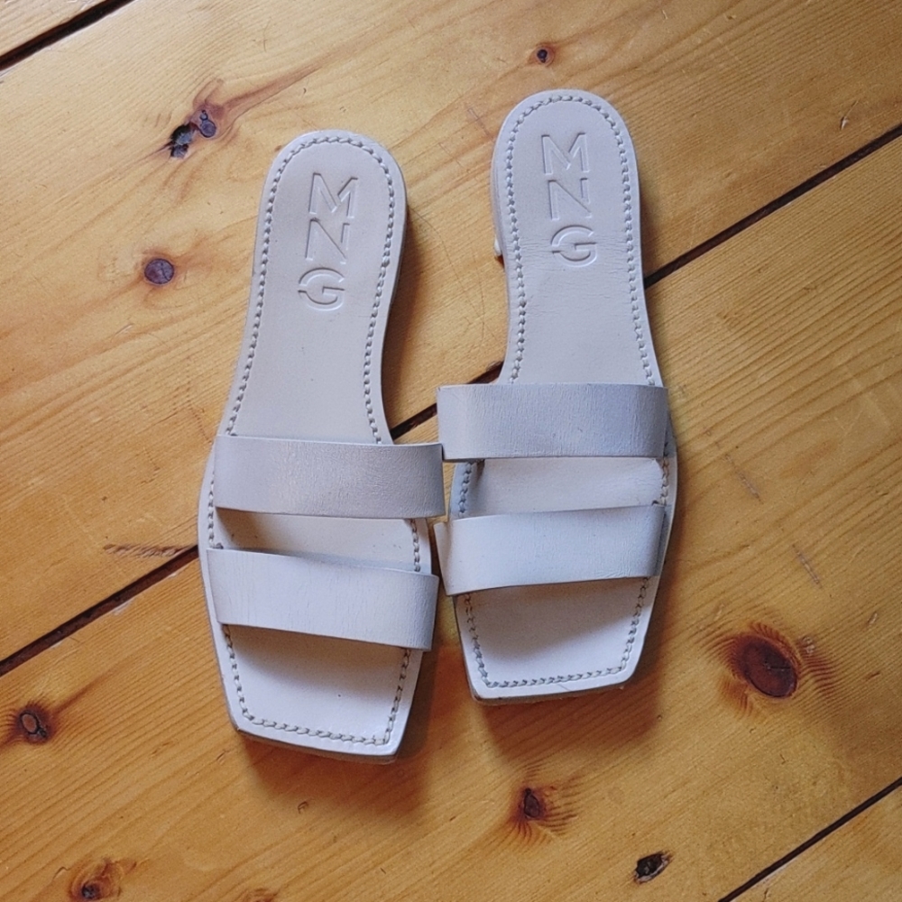 Mango Beige Leather Slides Square Toe Mule Sandals